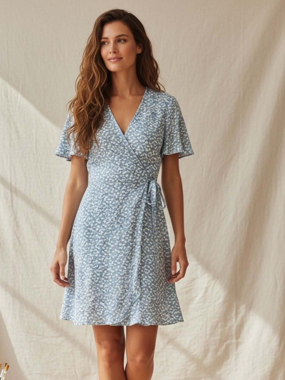 Monteau  Faux Wrap Blue Soft Floral Feminine Dress Size M